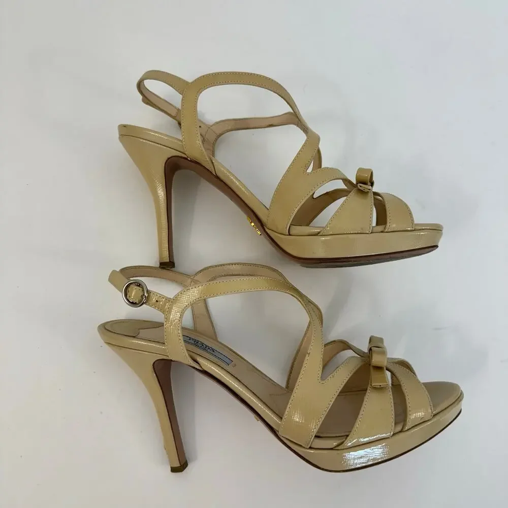 Prada Patent Leather Bow Accents Strappy Sandals Shoes Nude Tan | 37.5 (US 7.5)